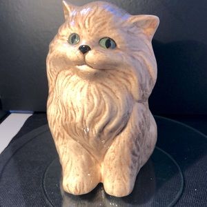 Vintage Light Brown Ceramic Cat Beautiful With Long Hair and Green Eyes